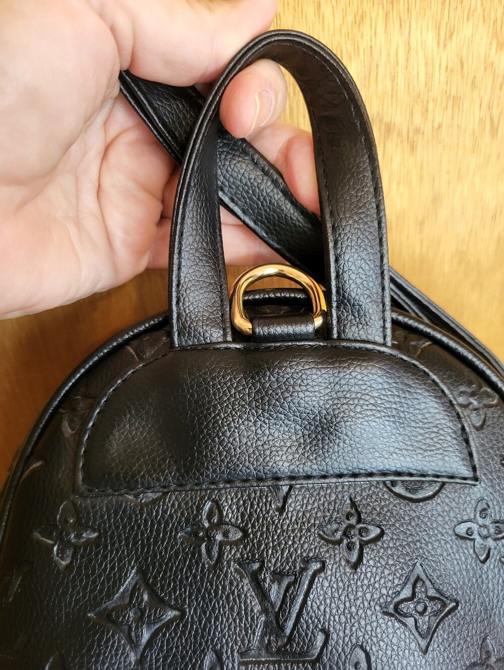 Designer Inspired Black Embossed Mini Backpack with Gold Hardware. - Picture 15 of 16